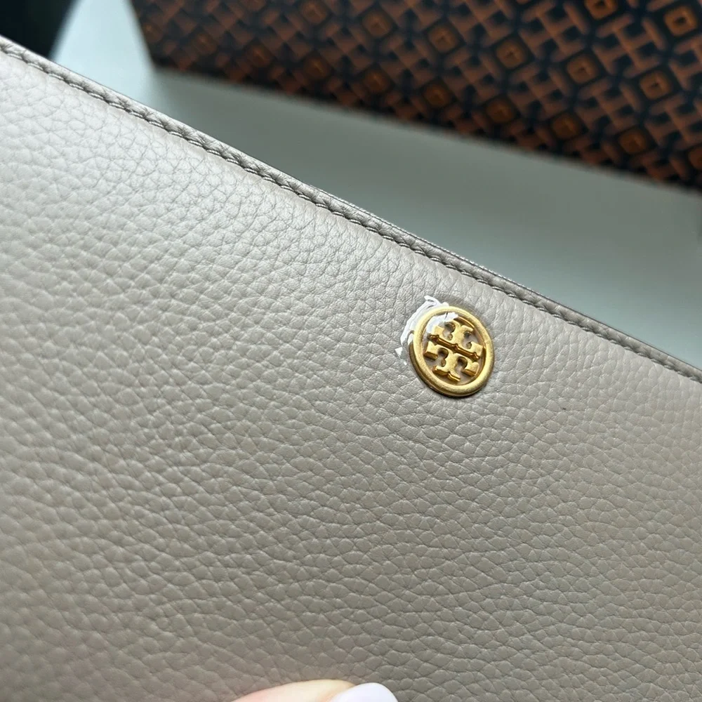 Tory Burch Walker Zip Continental Wallet Gray Heron Gold Grey